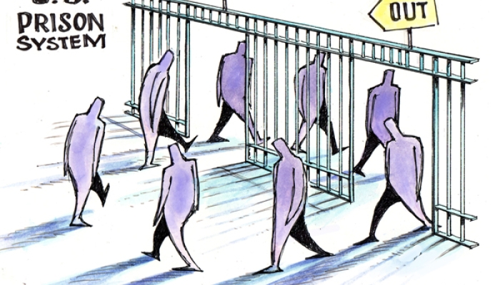 Figures walking in a circle through "In" and "Out" gates of a prison cell